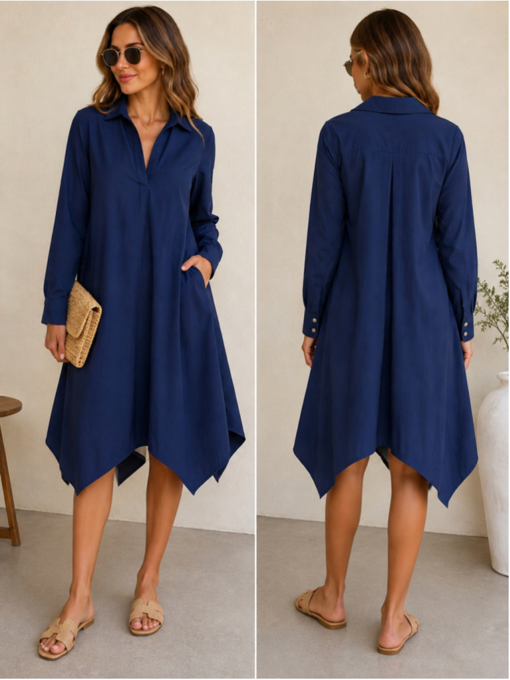 Finley Dress Womens M Navy Blue Handkerchief Hem Tunic Pockets Made USA Cotton
